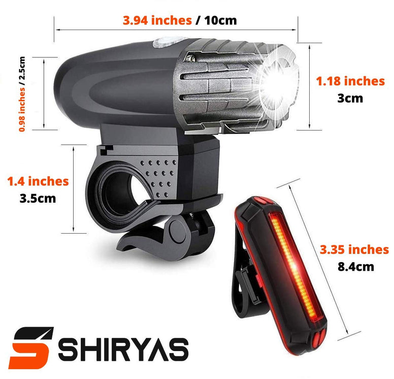 Shiryas Super Bright Bike Light Set USB Rechargeable Front Headlight & Back LED Rear Bicycle Light for Cycle Safety Flashlight (USBs Included)