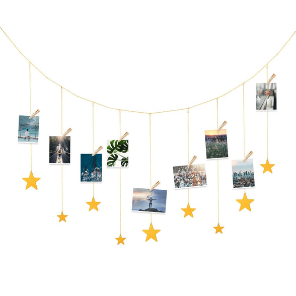 Hanging Photo Display, Boho Decor Wooden Stars Garland with Metal Chains Picture Frame Collage with 30 Wood Clips for Teen Girl Room, Bedroom, Dorm, Home, Party Decor (200 cm)