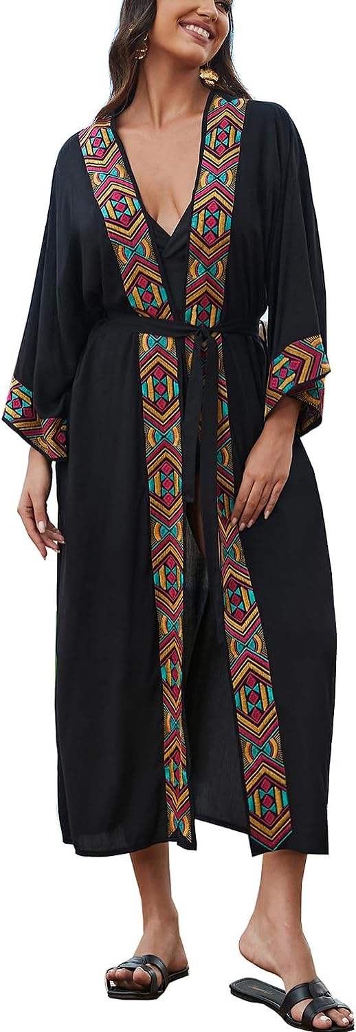 YouKD Embroidered Kaftan Dress Boho Beach Bikini Cover Up Robe Plus Size Loungewear for Women