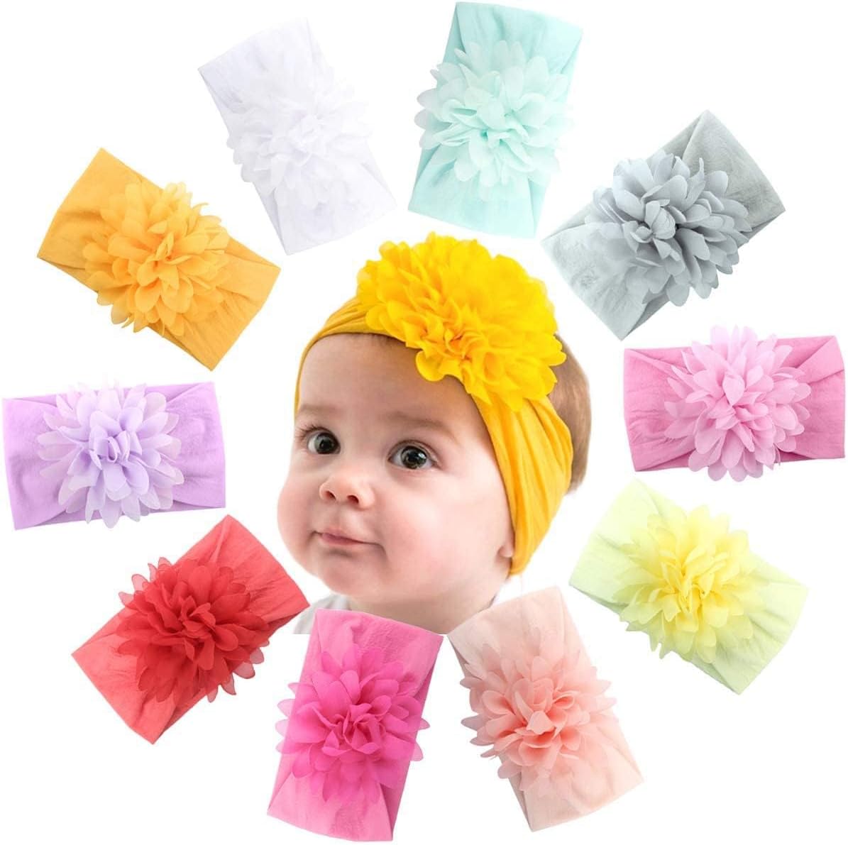 10 Colors Baby Girls Headbands Big Cotton Hair Bows Soft Elastic Hair Bands for Infant Newborn and Toddlers, One Size