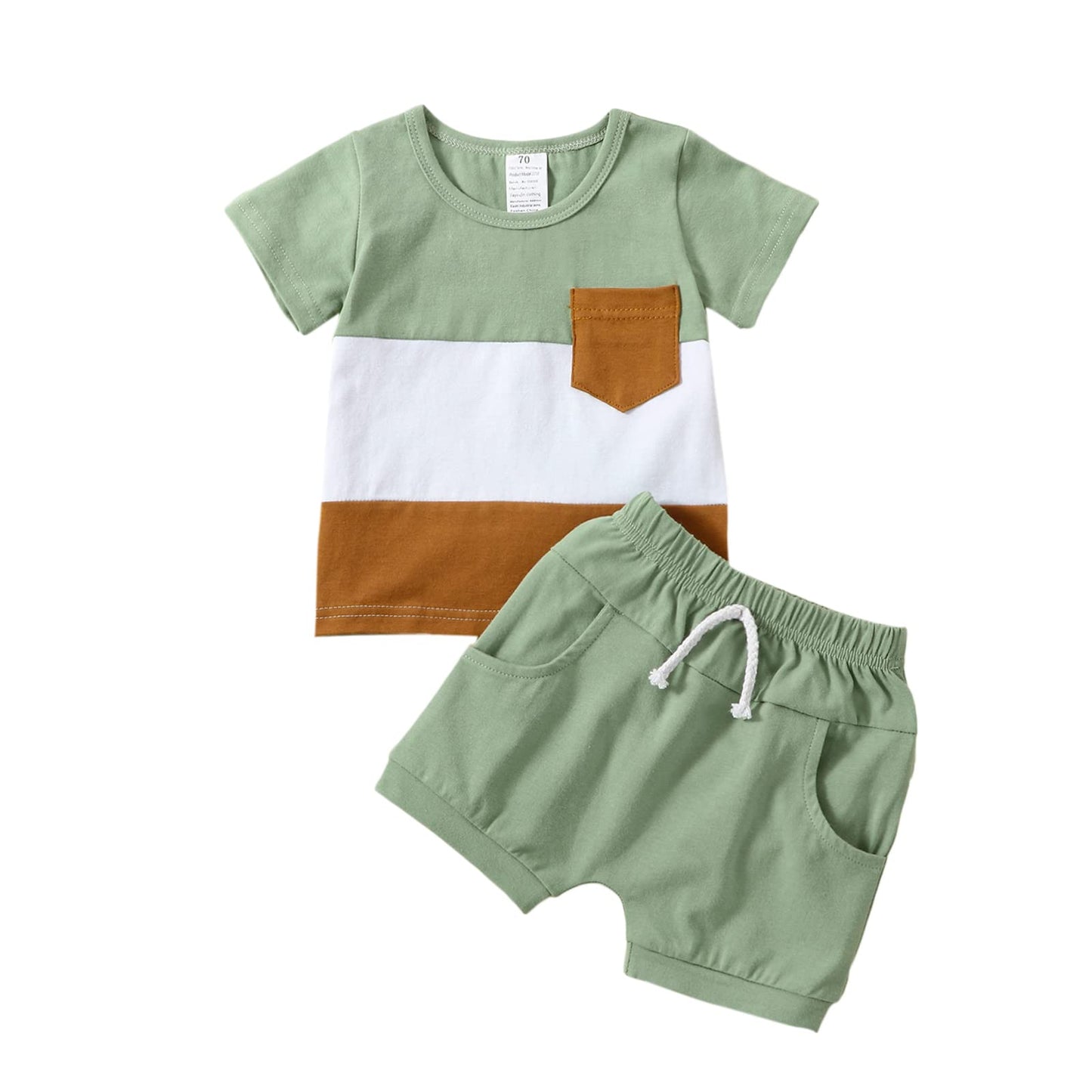 Baby Boy Summer Clothes Block Color Striped Print Pocket T Shirt Tops Drawstring Shorts Set Toddler Casual Outfits 0-6M