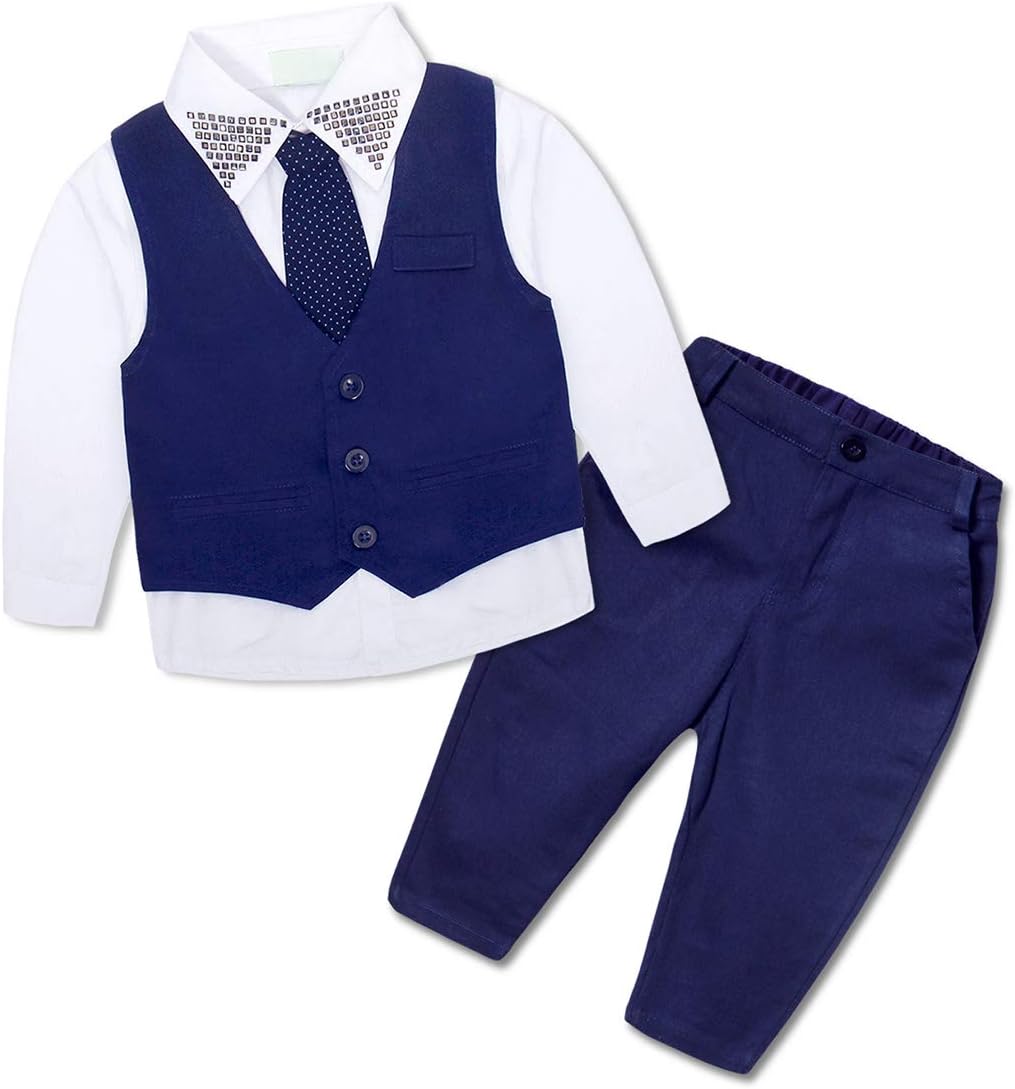 AmzBarley Toddler Baby Boy Formal Small Suit Romper Tie Long Sleeve Shirt Jacket Gentleman Set Party Wedding Outfit (1-2 Years)