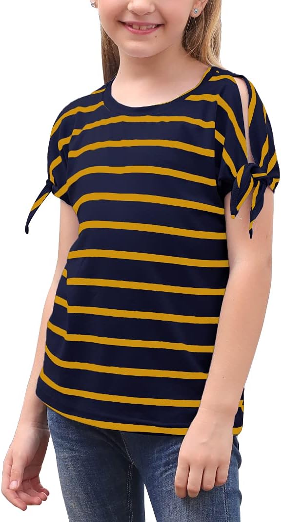 GORLYA Girl's Cut Slit Sleeve Tie knot Cuff Stripe Tunic T-shirt Casual Pullover Top for 4-14T Kids