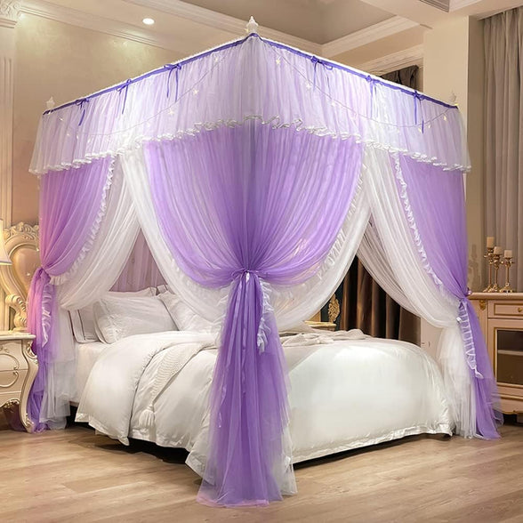 Mengersi Canopy Bed Curtains with Lights,4 Corner Bed Canopy Royal Luxurious Bed Drapes Netting,Princess Bed Curtains for Girls Adults Bedroom Decoration (Purple, Queen)