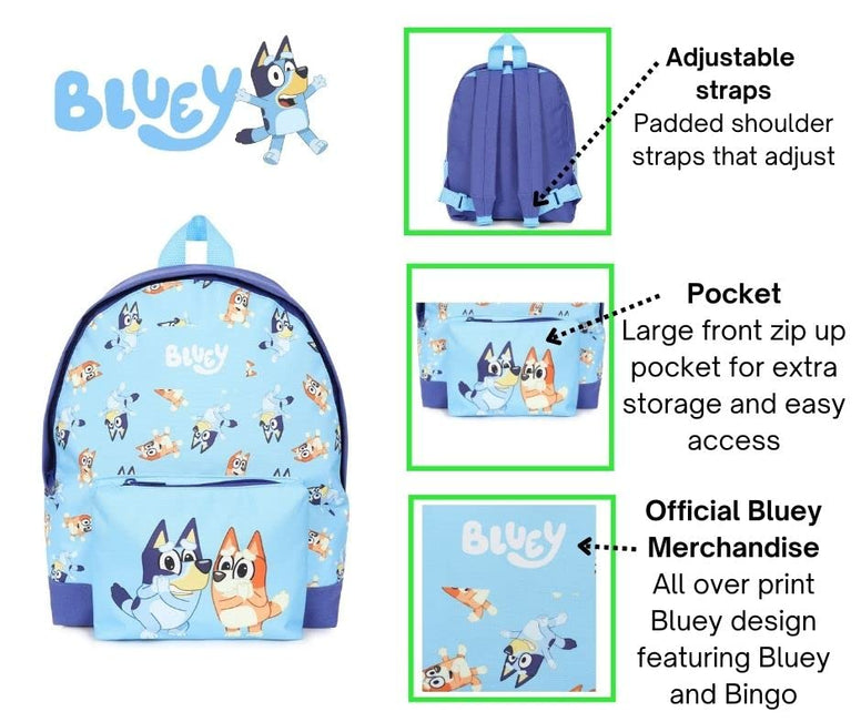 Bluey Official & Bingo Childrens Backpack, Kids Backpack, Schoolbag, Rucksack Blue, Blue