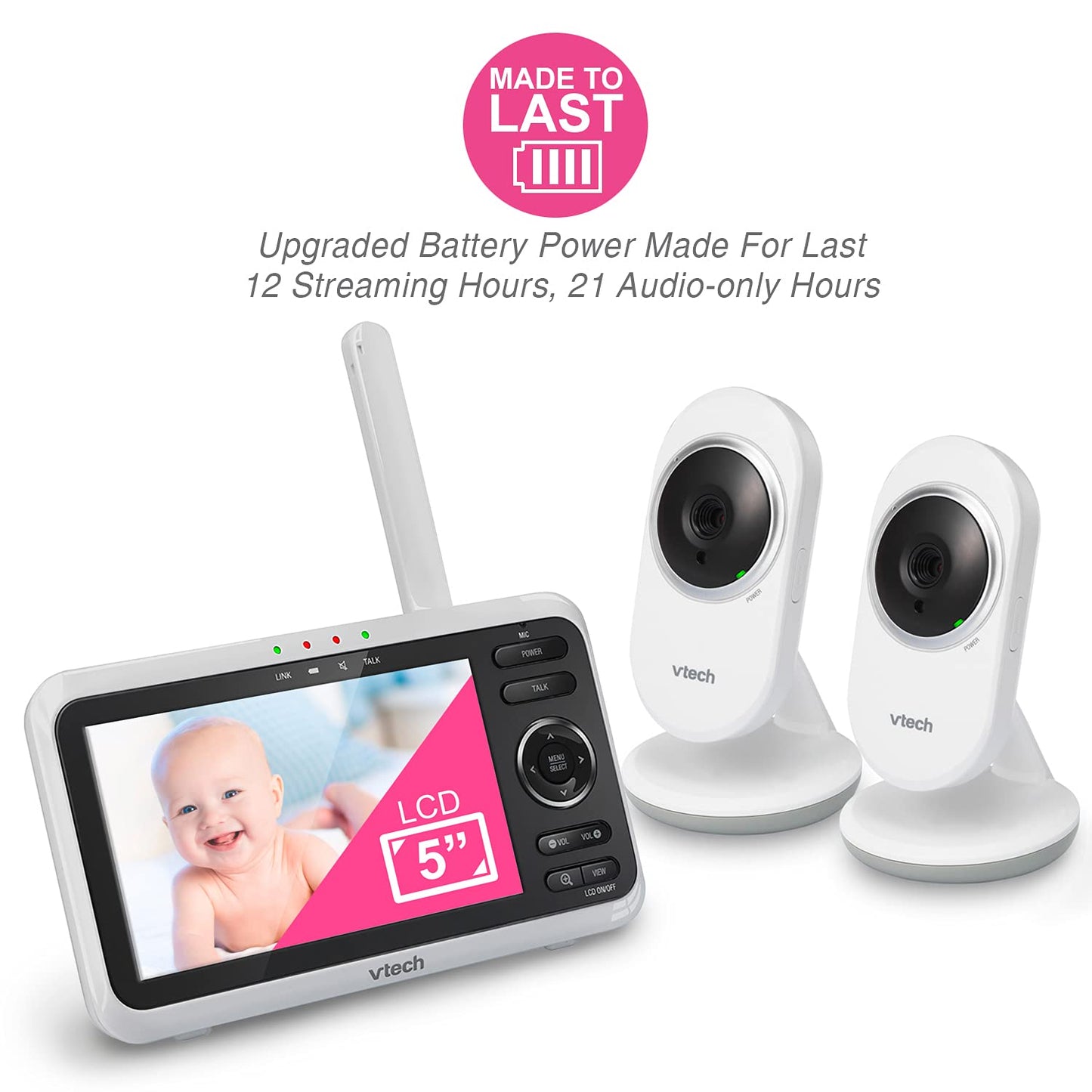 [Newly Upgraded] VTech VM350-2 Video Monitor with Battery supports 12-hr Video-mode, 21-hr Audio-mode, 5" Screen, 2 Cameras, 1000ft Long Range, Bright Night Vision, 2-WayTalk, Auto-onScreen, Lullabies