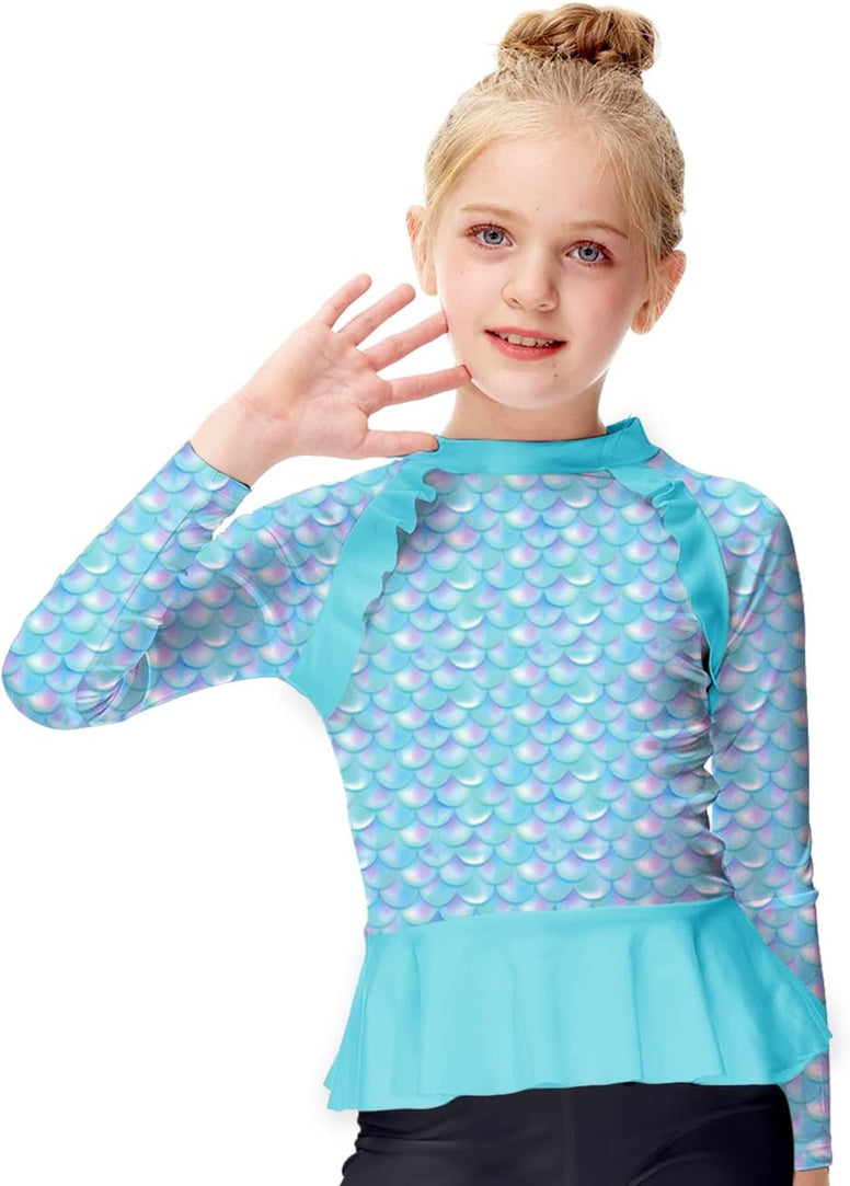 AOBUTE Girls Rash Guard Shirt Raglan Long Sleeve Ruffle Hem Swim Tops 3-12 Years