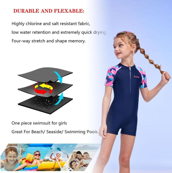 karrack Girls Long Sleeved One Piece Rash Guard Swimsuit Kid Water Sport Short Swimsuit UPF 50+ Sun Protection Bathing Suits