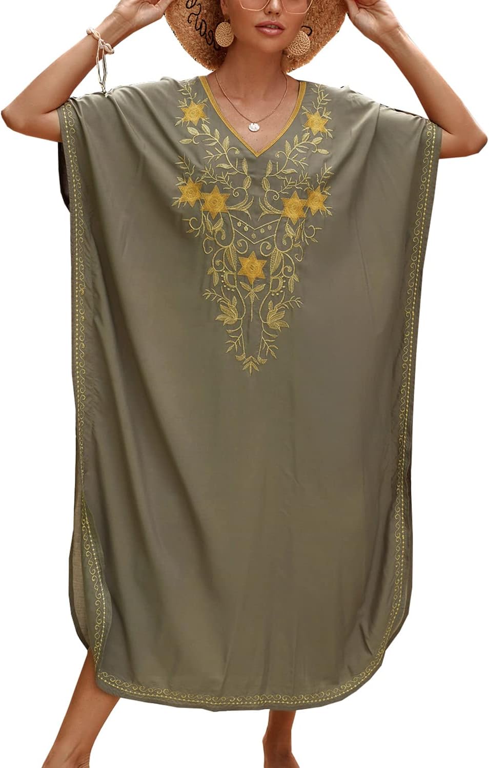 YouKD Embroidered Kaftan Dress Boho Beach Bikini Cover Up Robe Plus Size Loungewear for Women