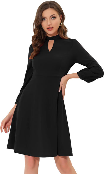 Allegra K Women's Mock Neck Keyhole 3/4 Sleeve A-line Knit Office Cocktail Dress