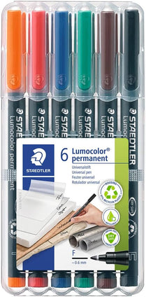 STAEDTLER Lumocolor Universal Pen, Fine, Felt Tip, Permanent Marker, Box of 6 Assorted Color Pens, 0.6mm 318 WP6