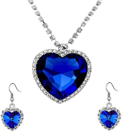 Yellow Chimes Crystals from Swarovski Valentine Special Sparkling Heart Silver Plated Pendant for Women and Girls (Blue Heart Pendant Set)
