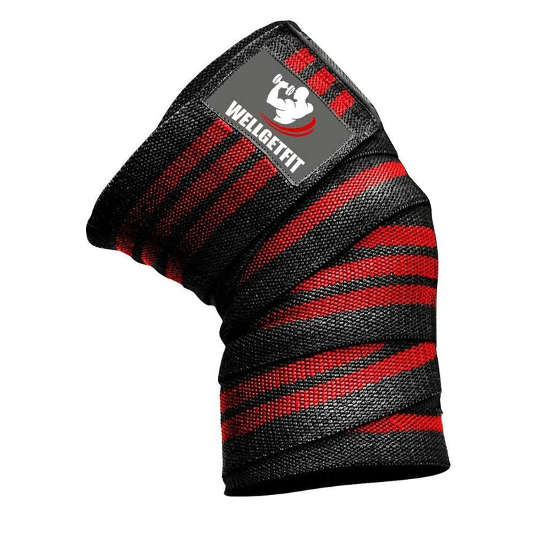 Well Get Fit WellGetFit Knee Wraps (Pair) For Weightlifting, Powerlifting, Cross Training WODs, Squats, Gym Workout & Fitness. 72"- Knee Straps With Elastic Support For Men & Women (Red)