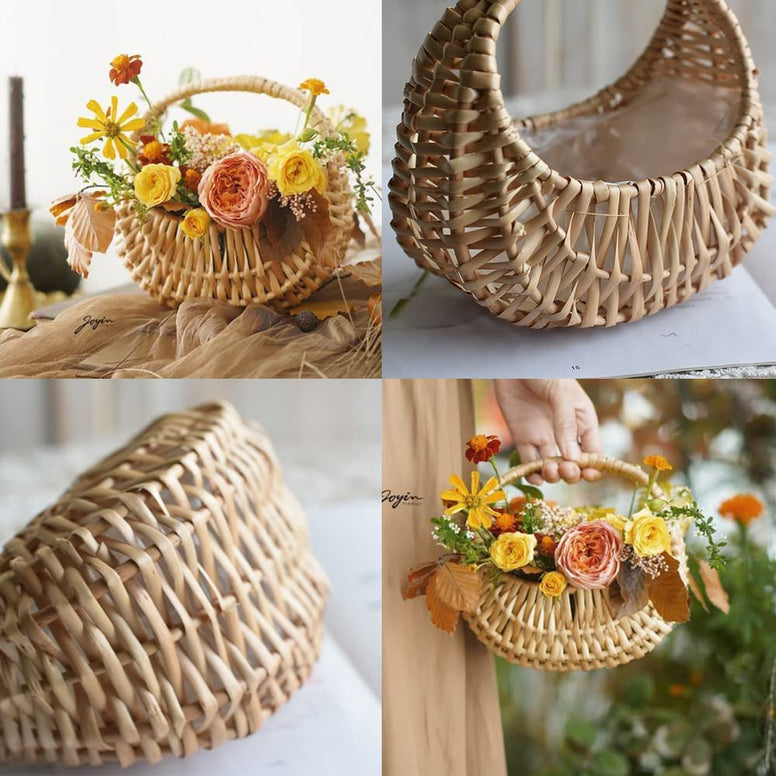 2 Pcs Small Basket with Handle Rattan, Half Moon Wicker Basket Willow Straw Basket Small Woven Basket with Handle Wedding Flower Girl Baskets Sturdy Picnic Basket for Garden Storage Home Decor