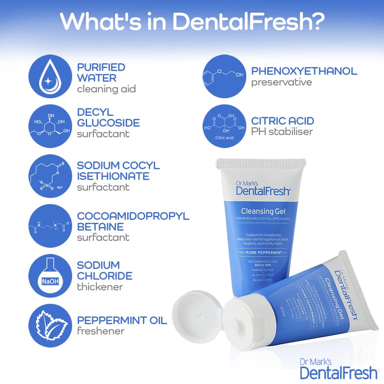 Dr Mark's DentalFresh 50ml Cleaning Gel, Dentures, Retainer, Orthodontic, Night Guard, Plaque, Calculous, Bacteria, Soap and Gel.