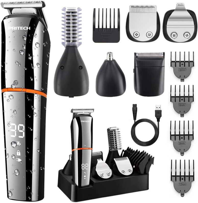 Hair Trimmers,Beard Trimmer,6 in 1 Kit Electric Cordless Nose Trimmer Mens Grooming Trimmer for Beard Head Face and Body Waterproof IPX7 USB Rechargeable LED Power Display by Pritech