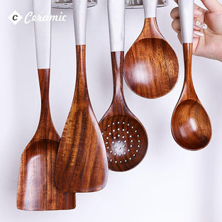 CERAMIC Wooden Spoons for Cooking Set for Kitchen, Non Stick Cookware Tools or Utensils Includes Wooden Spoon, Spatula, Fork, Slotted Turner, Corner Spoon, Set of 7 Pcs