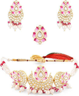 Zaveri Pearls Pink Meenakari Lotus Design Crescent Kundan & Beads Choker Necklace Earring & Ring Set For Women-ZPFK14720