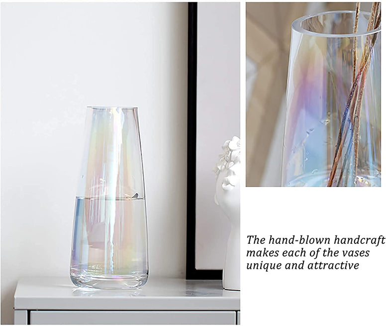 Flower Glass Vase for Decor Home Transparent Vase Handmade Modern Large Flower Vases for Centerpieces Living Room Kitchen Office Wedding Party 8.7 Inch (Iridescent Clear)