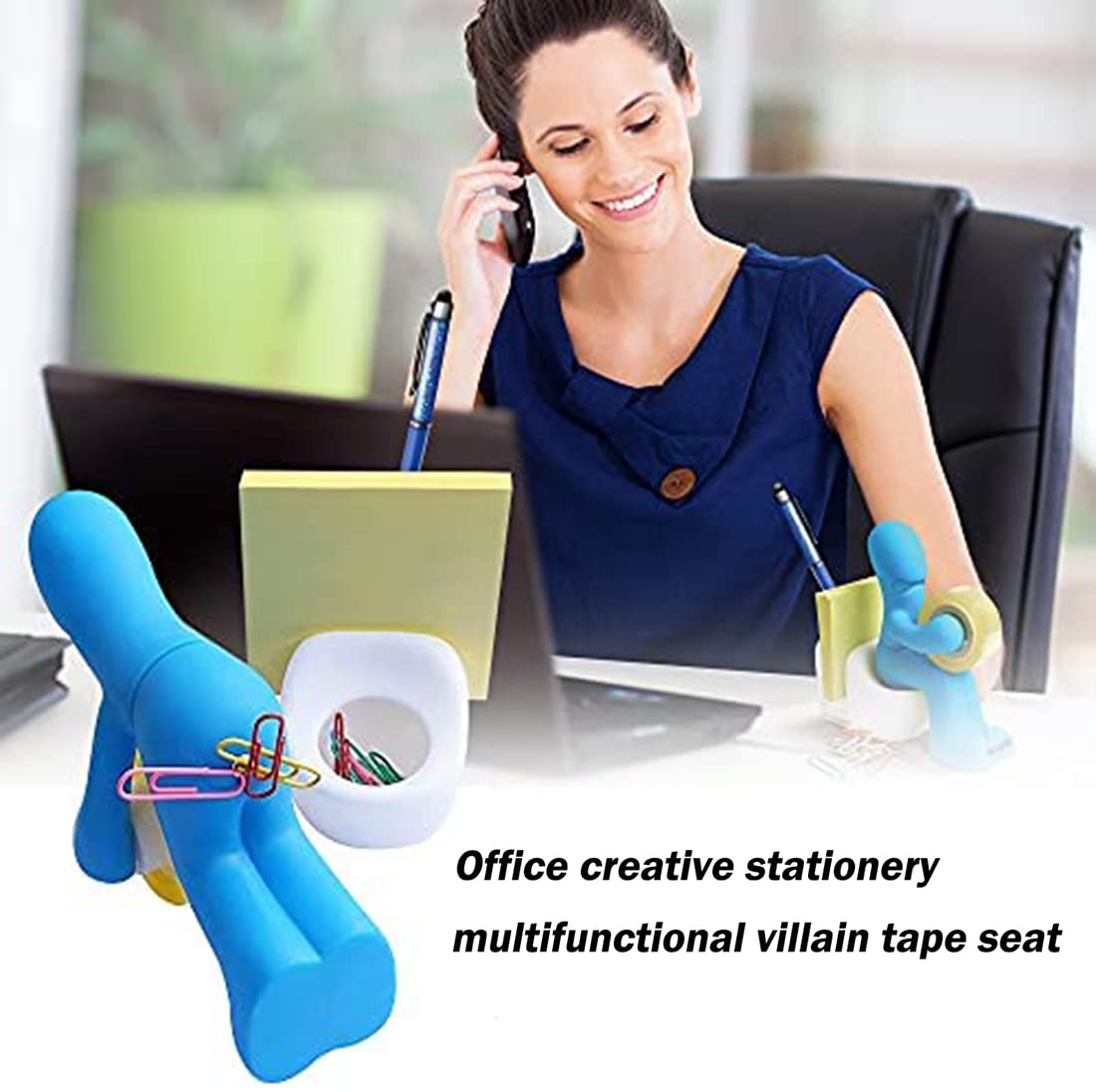Tape Supply Station, KASTWAVE Multi-Functional Desk Accessories with Tape Dispenser, Includes Paper Clips, Funny Accessory for Office, Home or School(Blue)