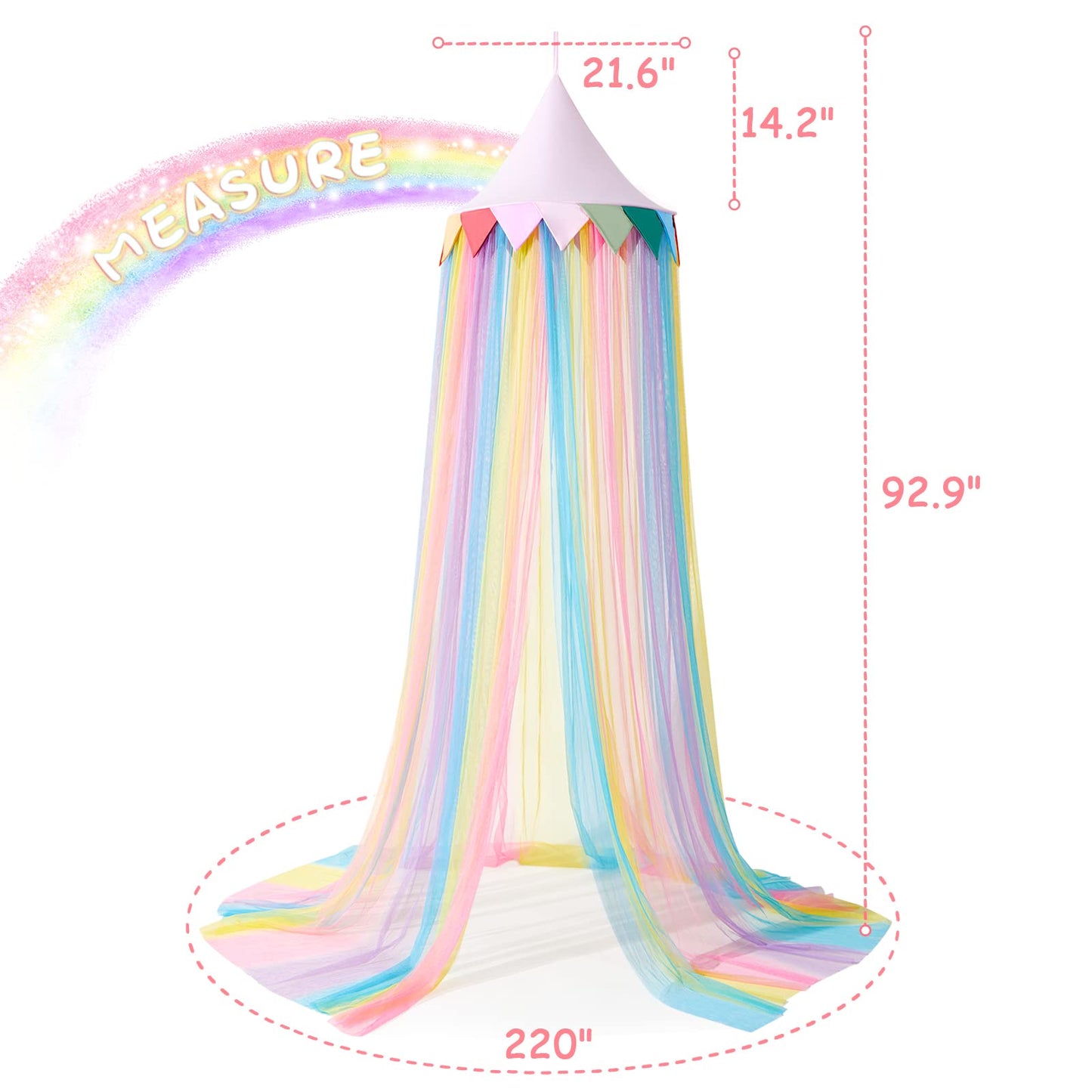 MOOZHEALTH Bed Canopy for Girls Kids Princess Round Dome Dreamy Hanging Net Canopy Rainbow Bright Bed Canopy for Girls Kids Bedroom Decoration Children Reading Nook Play Tent Canopy