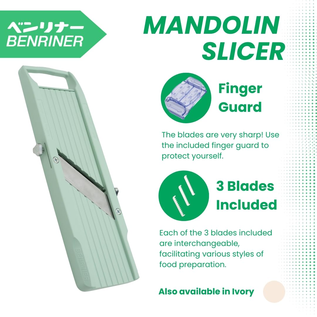 Benriner BN-1GR Japanese Handheld Mandolin Slicer with Three Interchangeable Stainless-Steel Blades-Ivory, Vegetable Fruit Cutter Peeler, Stainless Steel, Green