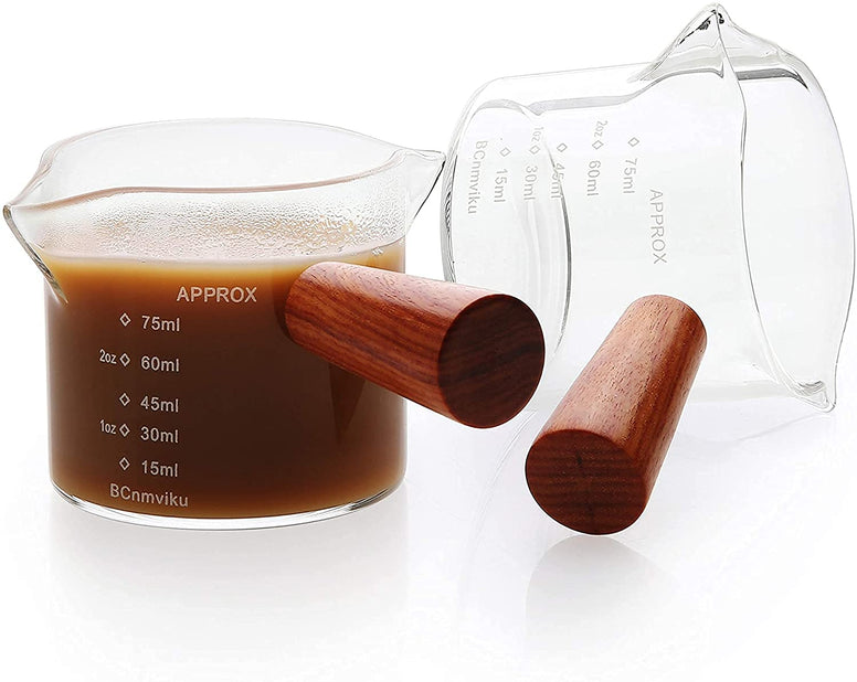 Espresso Measuring Cup, Double Spouts Measuring Triple Pitcher Milk Cup, with Wood Handle 75ML Espresso Shot Glasses Parts Clear Glass, Espresso Shot Glasses Triple Pitcher Barista (1 Pack)