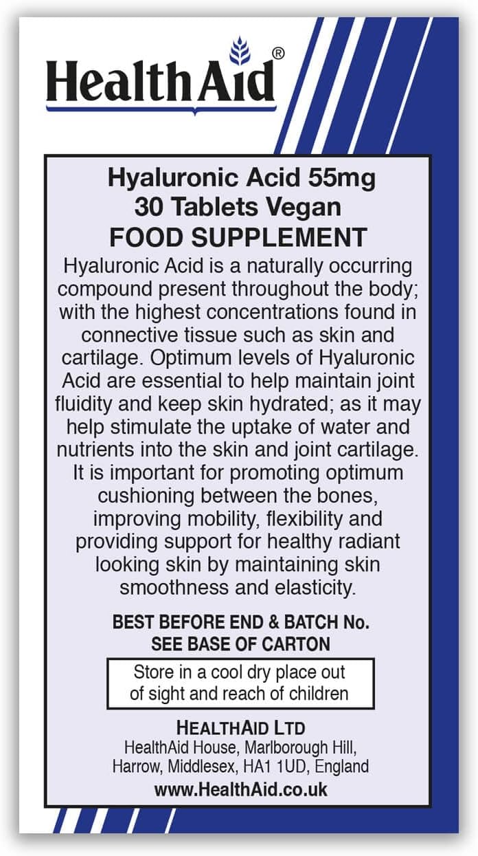 HealthAid Hyaluronic Acid 55mg - 30 Vegan Tablets