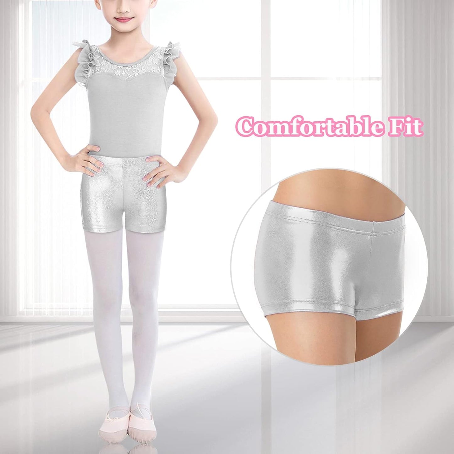 SEAUR - Girls Shorts for Dance Metallic Shiny Ballet Dance Shorts Stretch Slim Fit Athletic Gymnastics Short Performance Hot Pants for Ages 3-12