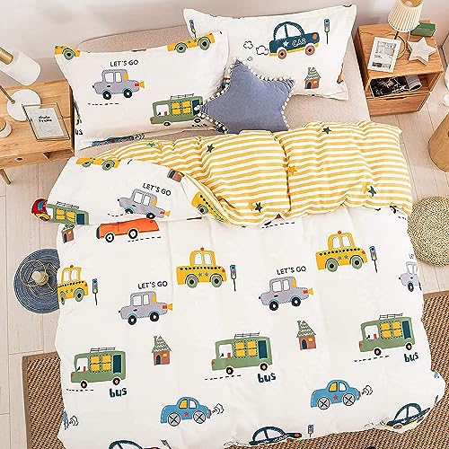 Cars Kids Duvet Cover Set Full Size, 3 Pieces 100% Cotton Kids Bedding Set for Boys Girls, Reversible Yellow Stripes Comforter Cover Set (1 Duvet Cover+2 Pillowcases)