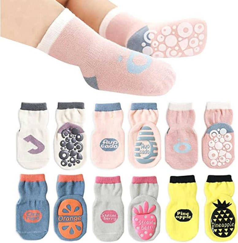 SYOSI Baby Anti-Slip Socks, SYOSI Ankle Cotton Socks Pack of 6, Spring and Autumn Cartoon Fruit Dispensing Non-slip Floor Socks for Babies, Children's Toddler Girls Socks