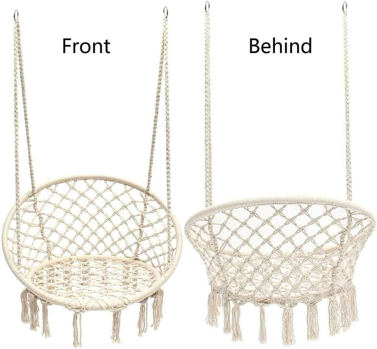 Hammock Chair Macrame Swing, Hanging Cotton Rope Macrame Hammock Swing Chair for Indoor, Outdoor Home, Patio, Porch, Deck, Yard, Garden, Max Weight: 260 Pounds (Beige)