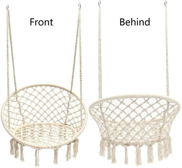 Hammock Chair Macrame Swing, Hanging Cotton Rope Macrame Hammock Swing Chair for Indoor, Outdoor Home, Patio, Porch, Deck, Yard, Garden, Max Weight: 260 Pounds (Beige)