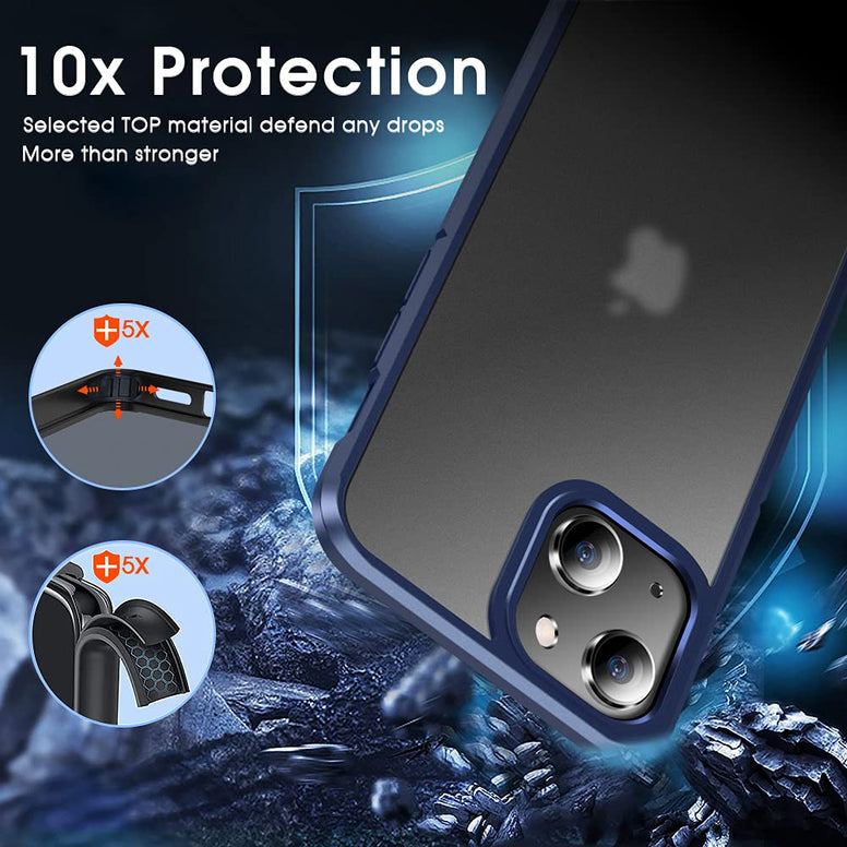X-Level Shockproof Compatible iPhone 13 Case Protective [Military Grade Drop Protection] Frosted Translucent Anti-Drop Hard PC Back with Soft Silicone Edge Slim Thin Cover-Blue