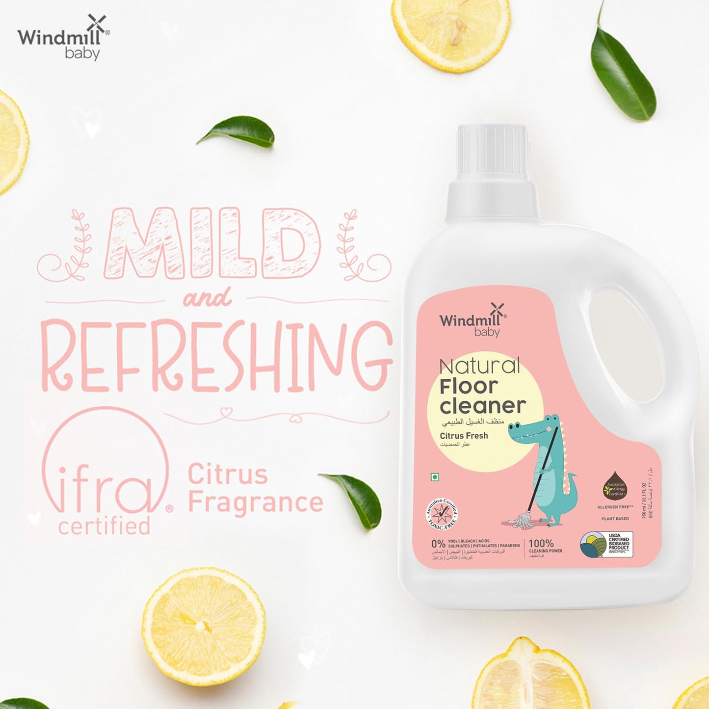 Windmill baby USDA Certified Natural Floor Cleaner, Allergen & Alcohol Free, Baby Friendly, Pet Friendly, Citrus Fresh, For All Floor Types - 950ml