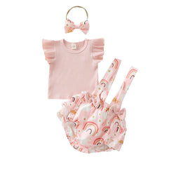 AMMENGBEI Infant Baby Girl Clothes Ruffle Sleeve Ribbed Tops Floral Suspender Shorts Headband Set Toddler Summer Outfit(3-6 M)