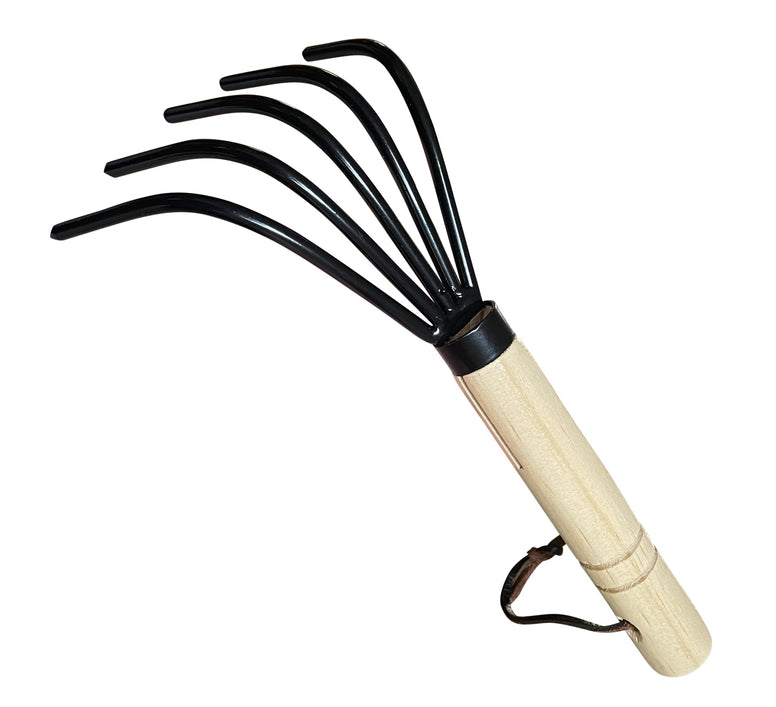 Garden Guru Hand Rake Cultivator Claw Soil Tiller - Military Grade Steel - Rust Resistant - 5 Tine Japanese Ninja Claw - Comfortable Wood Handle - Perfect Pulverized and Aerated Soil