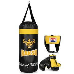 Rakso Boxing Yellow Black Kit Set for Joiner Kids Boxing Gloves with Boxing Head Guard with Punching Bag for Kids 3 to 10 Years Kids