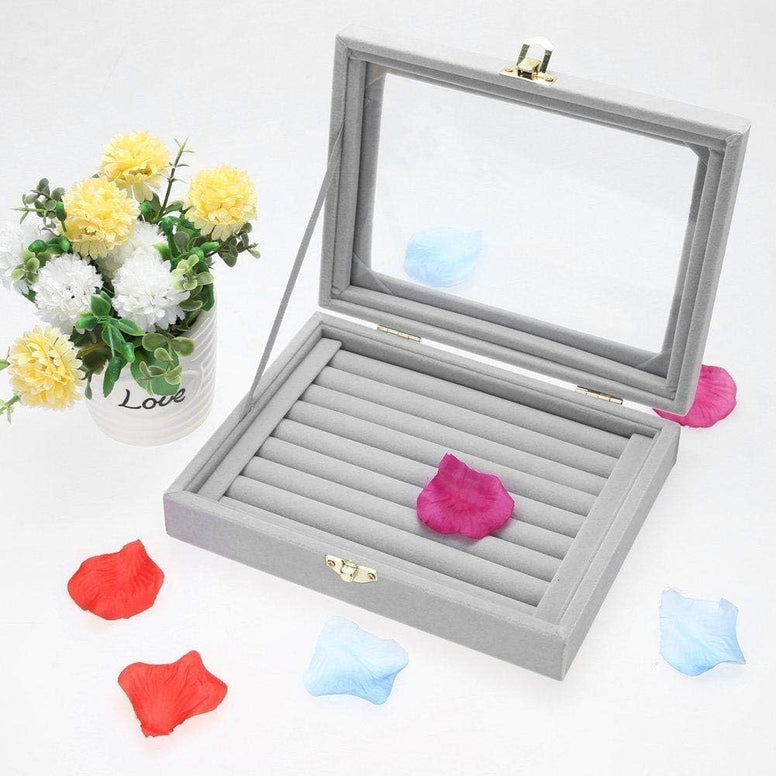 Sulfar Velvet Glass Ring Display Box Jewelry Holder Storage Organizer Case (Ring Box Gray)