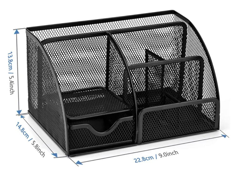 CLOUDFOUR Mesh Desk Organizer Office Supplies Multi-Functional Caddy Pen Holder Stationery Organizer for Office, Home, School, Classroom (6 Compartments and 1 Drawer)