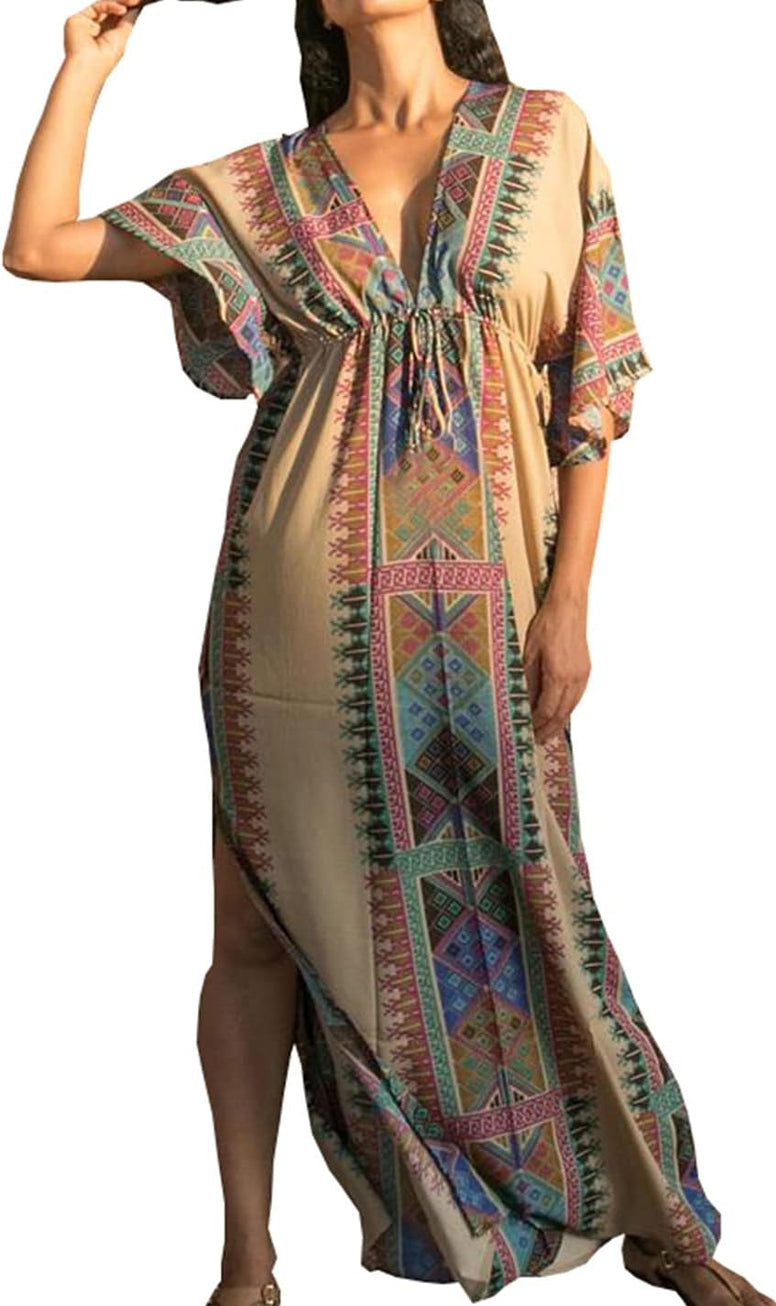 YouKD Summer Floral Loose Caftan Boho Beach Bikini Cover Up Dress Plus Size Robe for Women