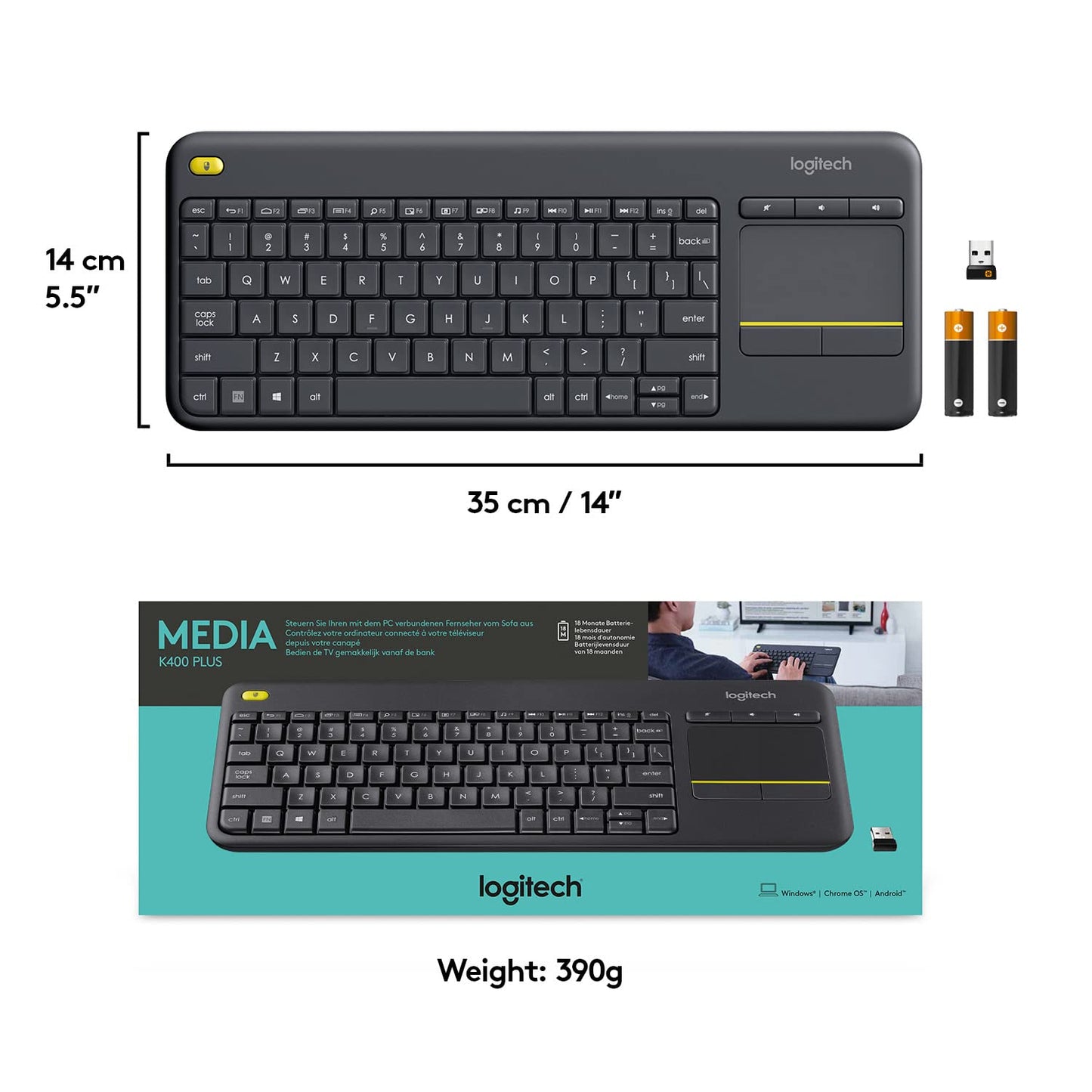 Logitech K400 Plus Wireless Livingroom Keyboard with Touchpad for Home Theatre PC Connected to TV, Customizable Multi-Media Keys, Windows, Android, Laptop/Tablet, Arabic Keyboard - Black