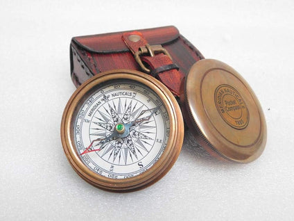 KHUMYAYAD Brass pocket compass antique brass hand made fully functional compass with leather case