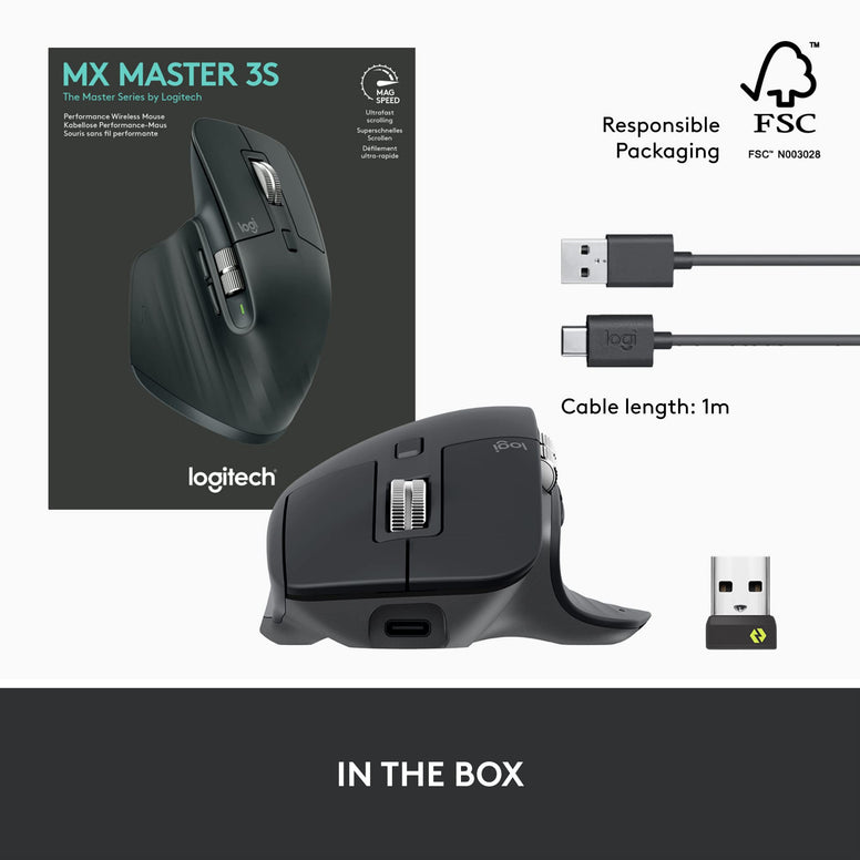 Logitech MX Master 3S - Wireless Performance Mouse with Ultra-fast Scrolling, Ergo, 8K DPI, Track on Glass, Quiet Clicks, USB-C, Bluetooth, Windows, Linux, Chrome - Graphite