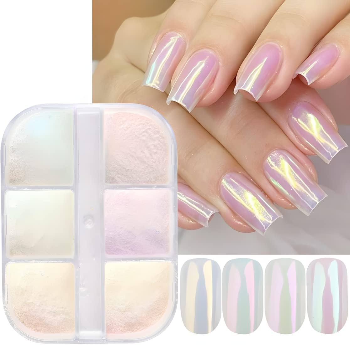 6 Colors Chrome Nail Powder Metallic Mirror Effect Aurora Magic White Pearl Chrome Nails Powder for Nail Art Gel Polish, Mica Powder Iridescent Nail Powder Manicure Pigment