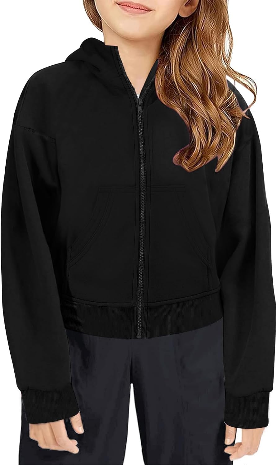 Meikulo Girls Zip Up Hoodie Long Sleeve Drop Shoulder Crop Cotton Sweatshirt Jacket With Pockets