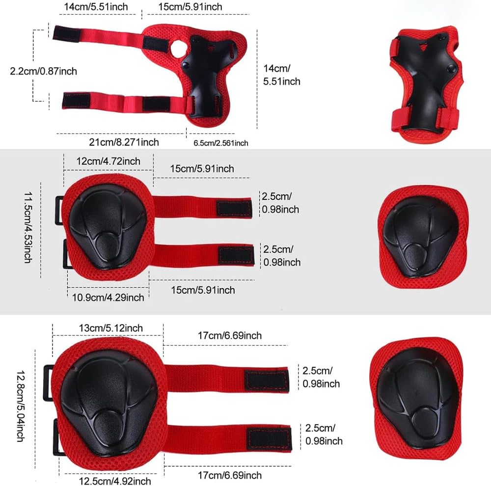 AMERTEER 7 In 1 Kids Bike Helmet Set, Skateboard Knee Pads - Kids Helmet Elbow Pads Wrist Guards Adjustable Protective Gear Set for Sport Cycling Bike Roller Skating Scooter Rollerblade (Red)