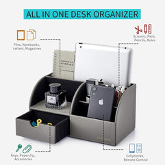 Vlando Desk Organizers with Drawer, Back to School Supplies for Desk Caddy Office Supplies with 5 Compartment Desktop Storage Holder with Drawer Organizer Section for Desk Accessories for Home(Gray)