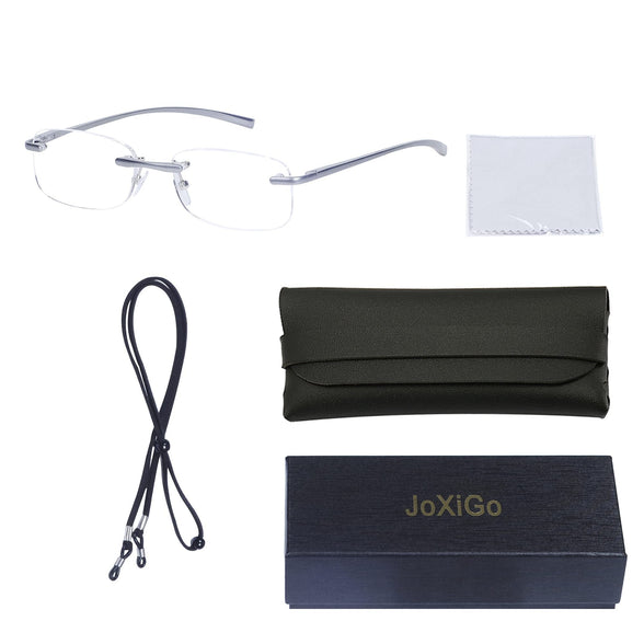 Rimless Reading Glasses for Mens Womens Blue Light Blocking, Glasses Strap, Glasses Case