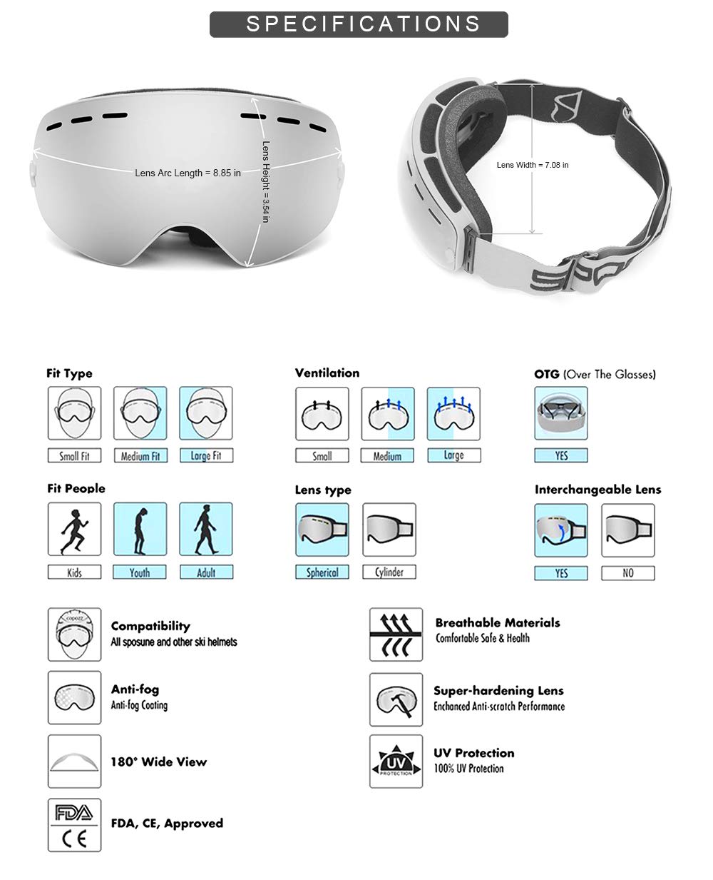 SPOSUNE Ski Goggles Over Glasses - Snow/Snowboard Goggle for Men, Women & Youth - UV400 Anti-Fog Snowmobile Goggles